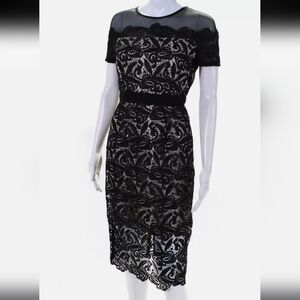 JAX Round Neck Short Sleeves Sheer Trim Crochet Dress Black Size 2